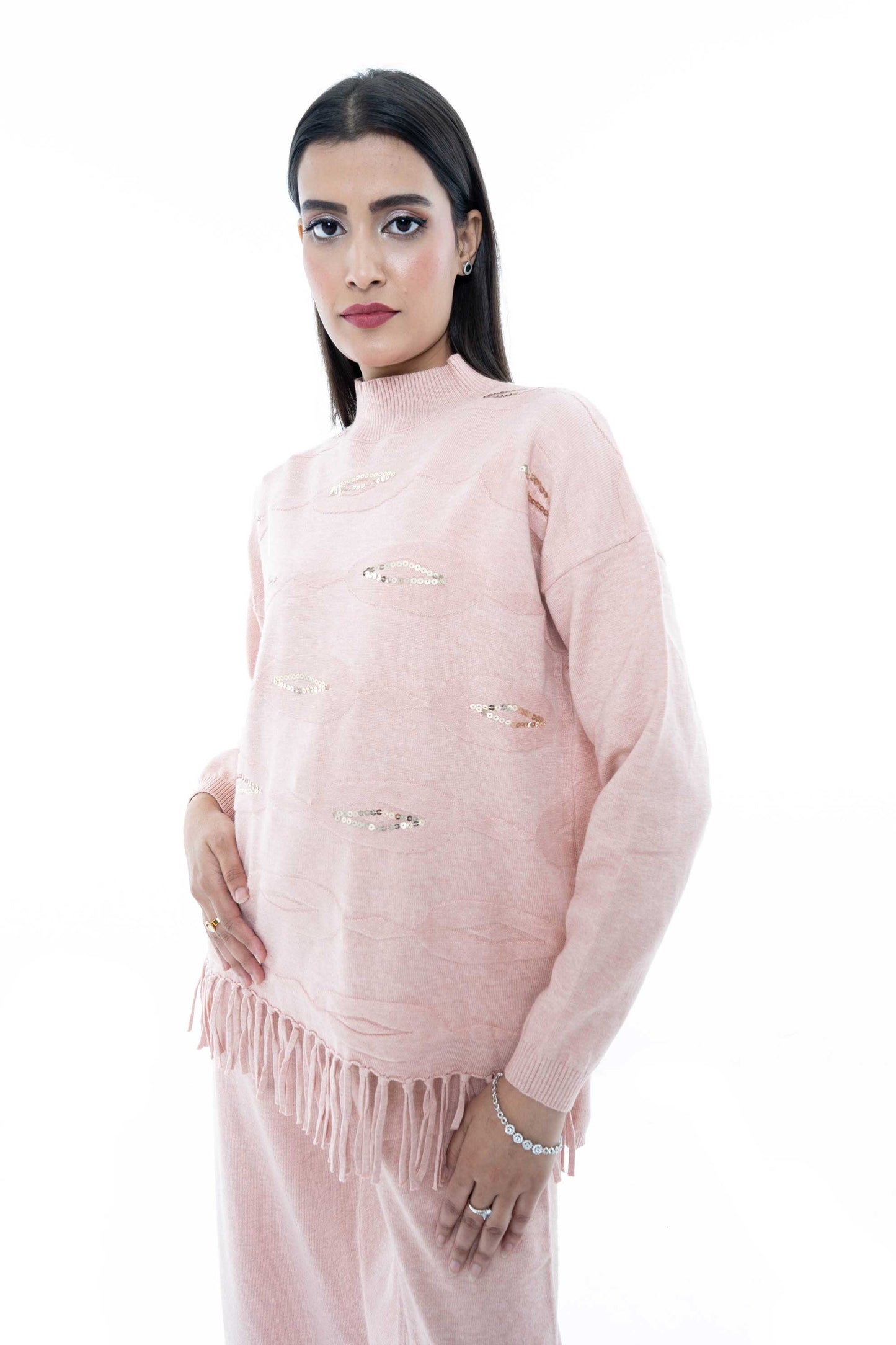 Soft Pink Fringe Detail Two-Piece Set