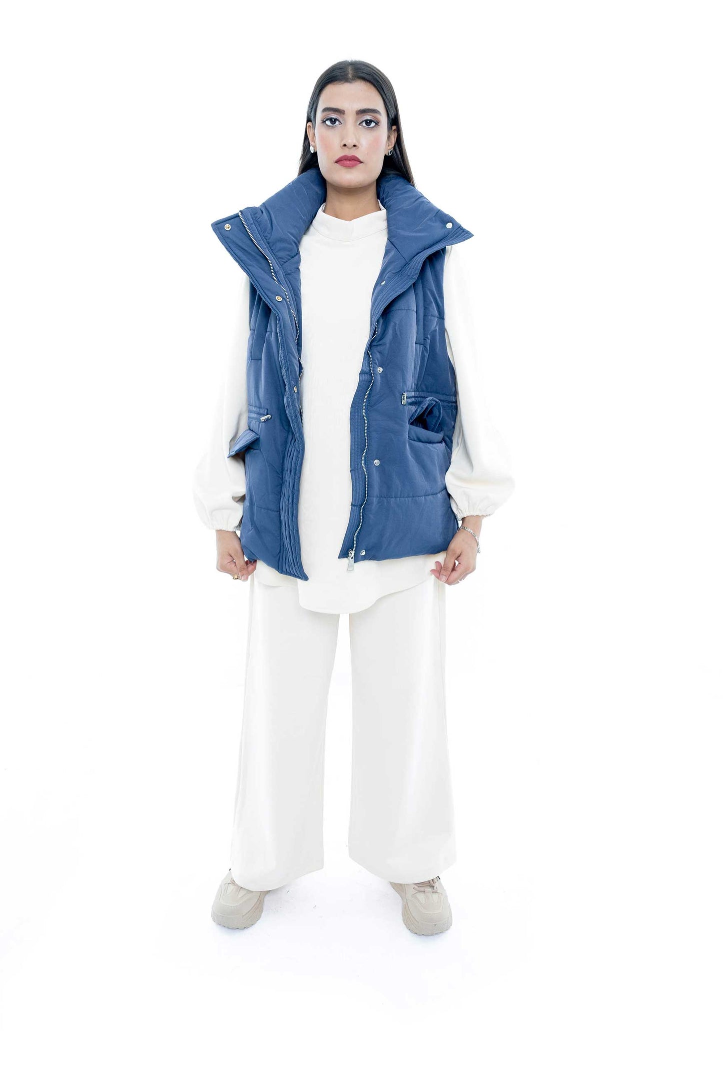 Blue Puffer Vest with Cream Ensemble