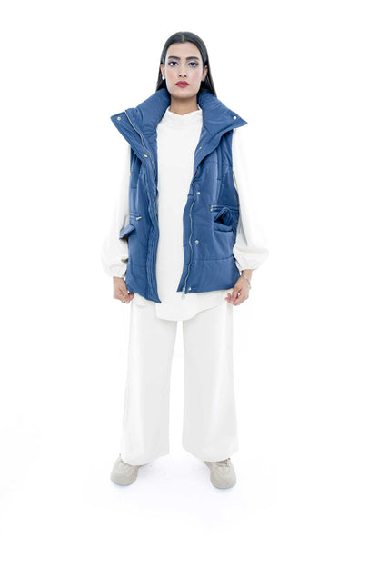 Blue Puffer Vest with Cream Ensemble