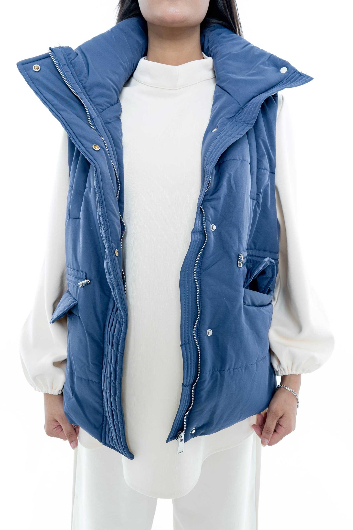 Blue Puffer Vest with Cream Ensemble