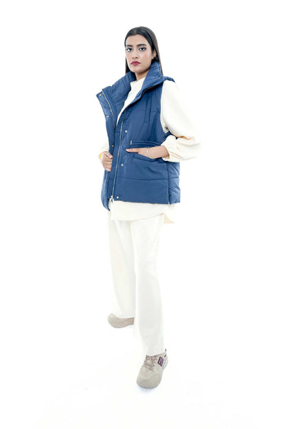 Blue Puffer Vest with Cream Ensemble