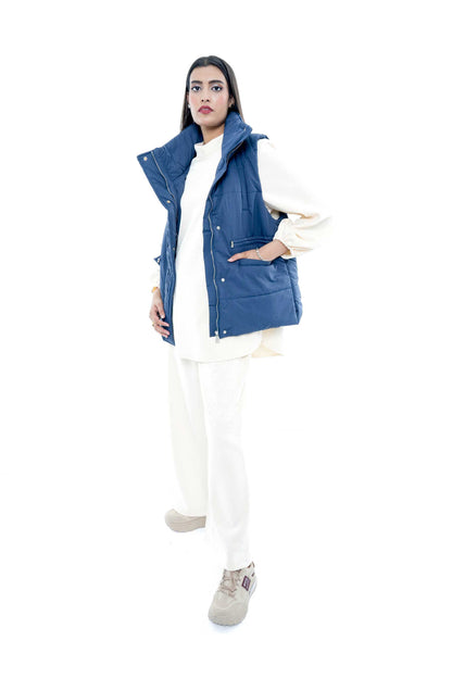 Blue Puffer Vest with Cream Ensemble