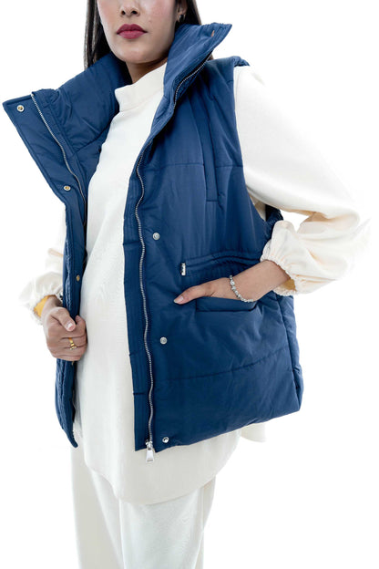 Blue Puffer Vest with Cream Ensemble