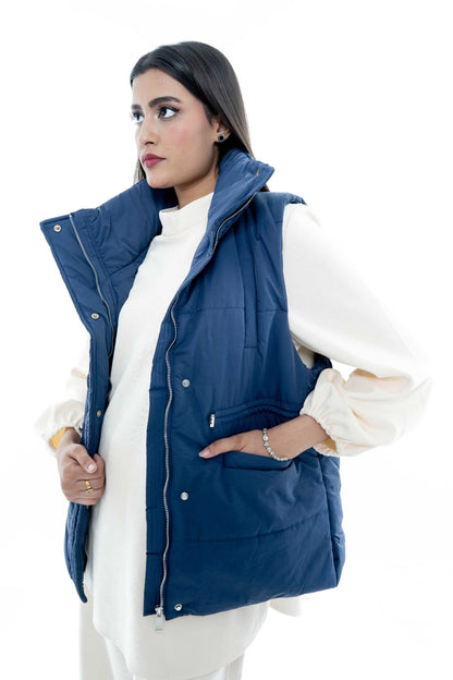 Blue Puffer Vest with Cream Ensemble