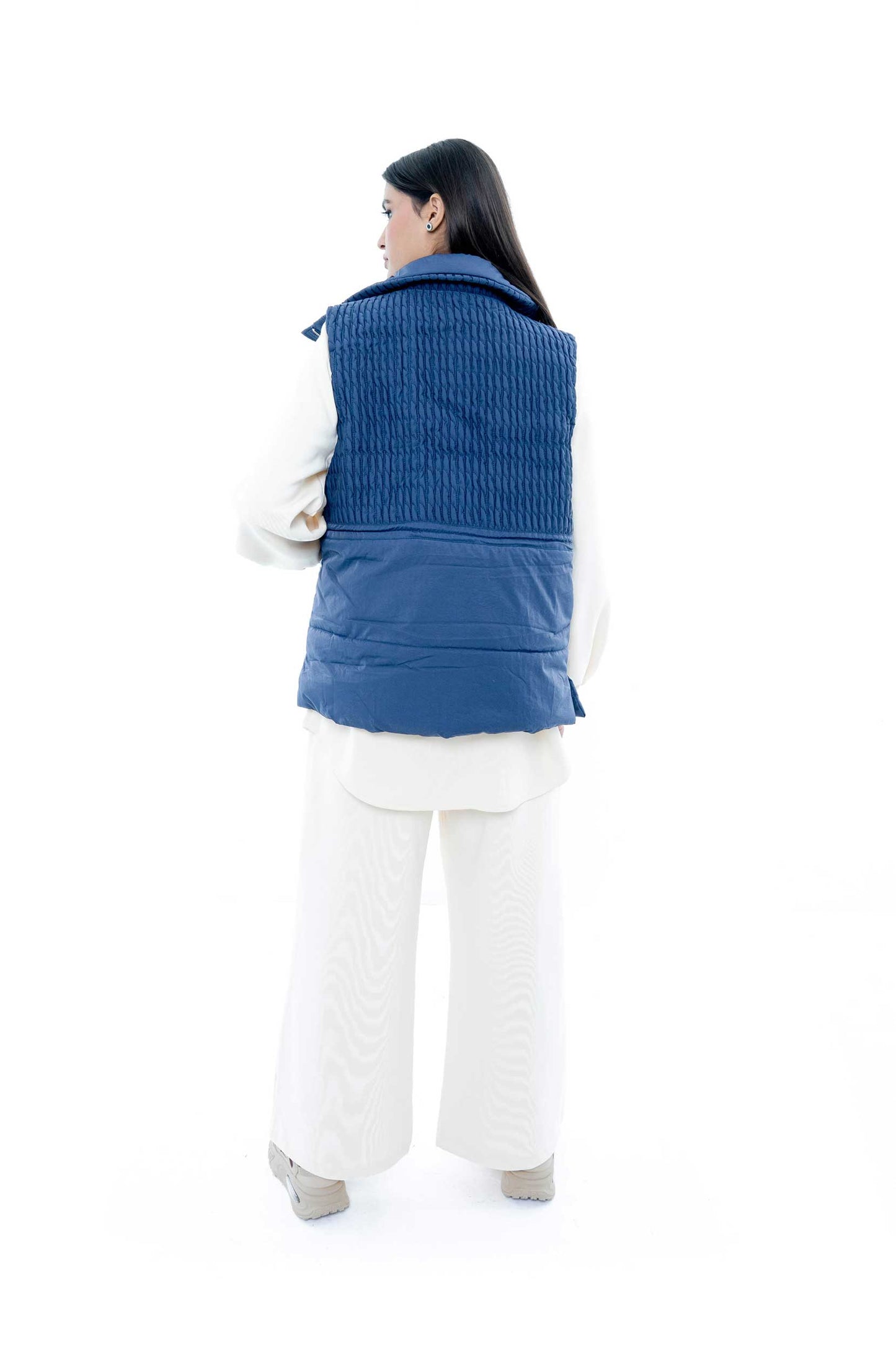 Blue Puffer Vest with Cream Ensemble