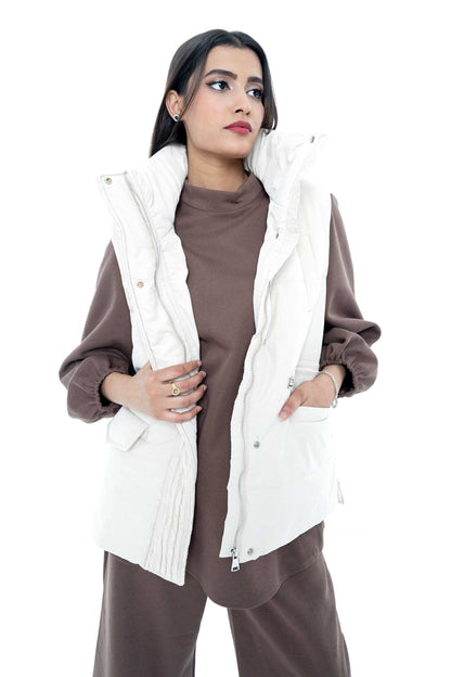 White Puffer Vest with Cocoa Lounge Set