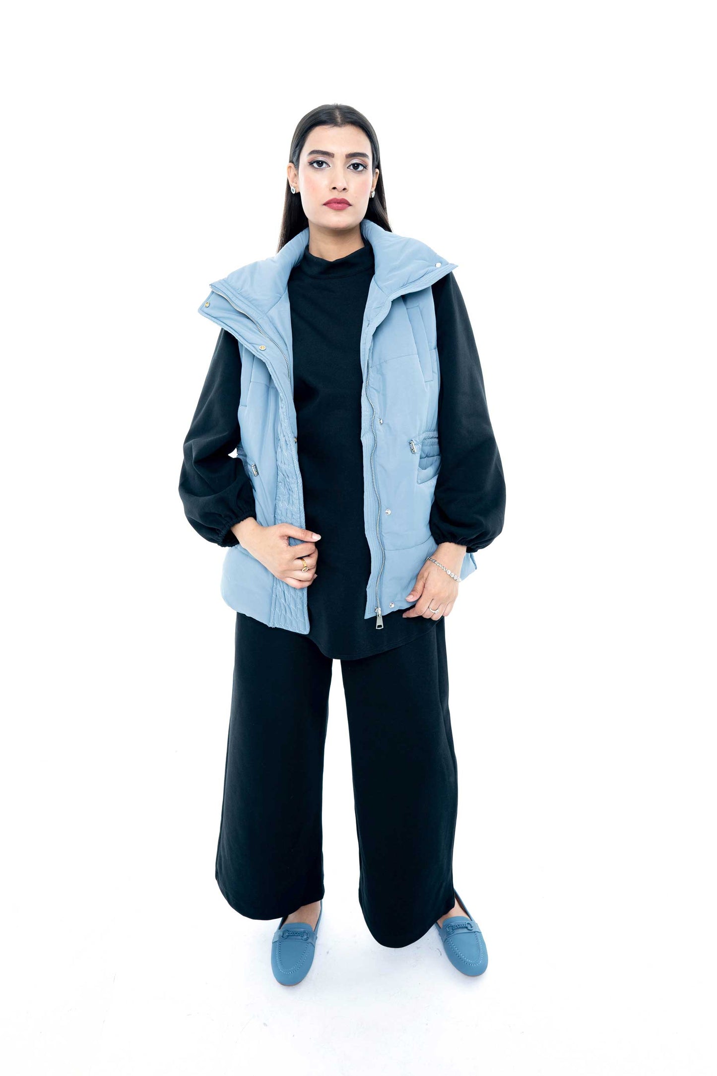 Sky Blue Puffer Vest with Black Lounge Set