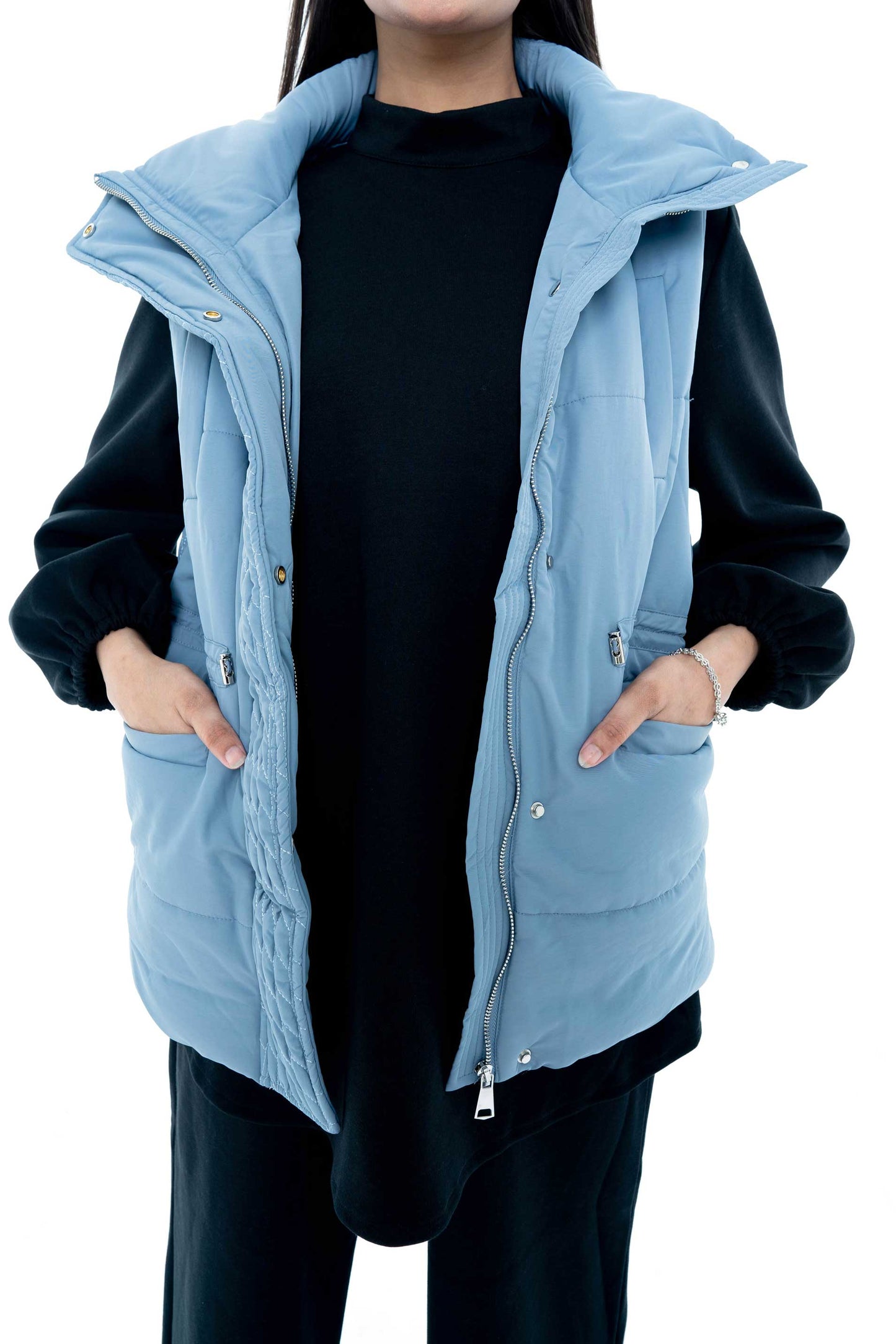 Sky Blue Puffer Vest with Black Lounge Set