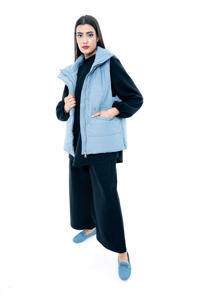 Sky Blue Puffer Vest with Black Lounge Set