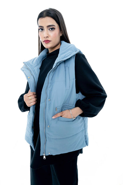 Sky Blue Puffer Vest with Black Lounge Set