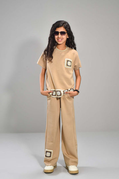 Girls’ Beige Crochet Accent Co-Ord Set