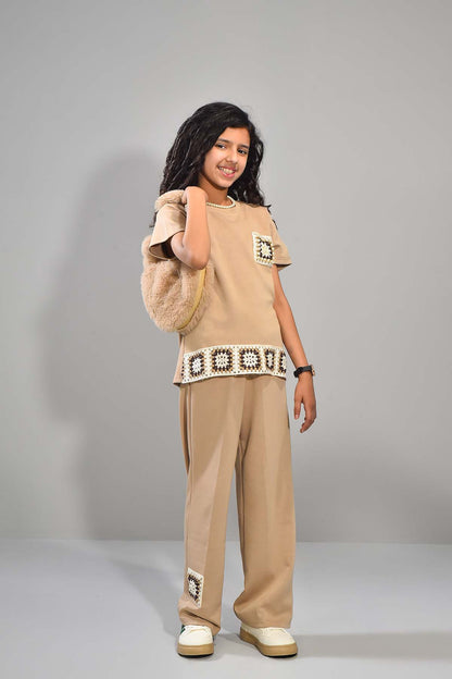 Girls’ Beige Crochet Accent Co-Ord Set