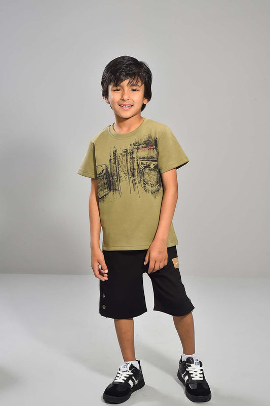 Boys’ Olive Printed Tee & Black Shorts Set