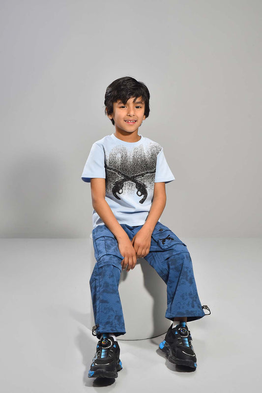 Boys’ Sky Blue Graphic Tee & Blue Cargo Pants