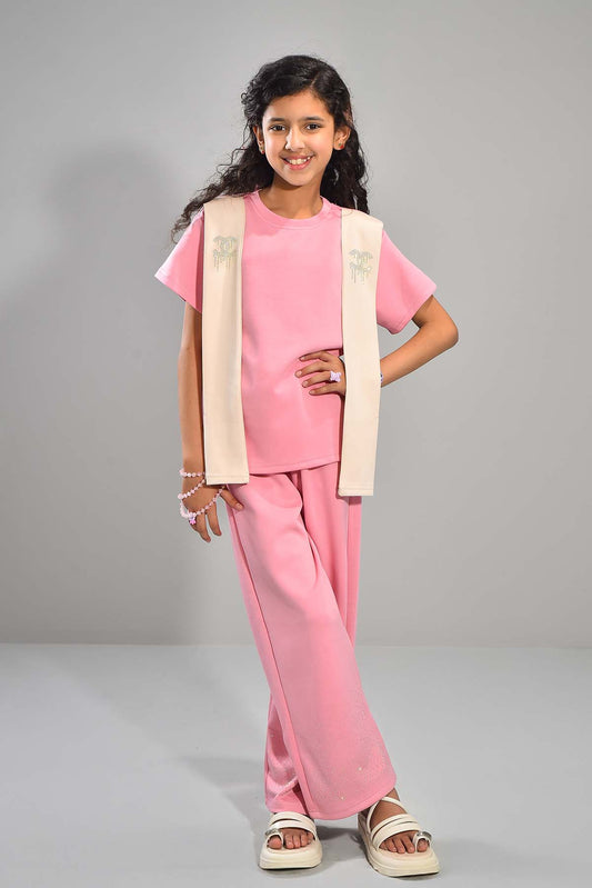 Girls Pink Co-ord Set with Beige Scarf