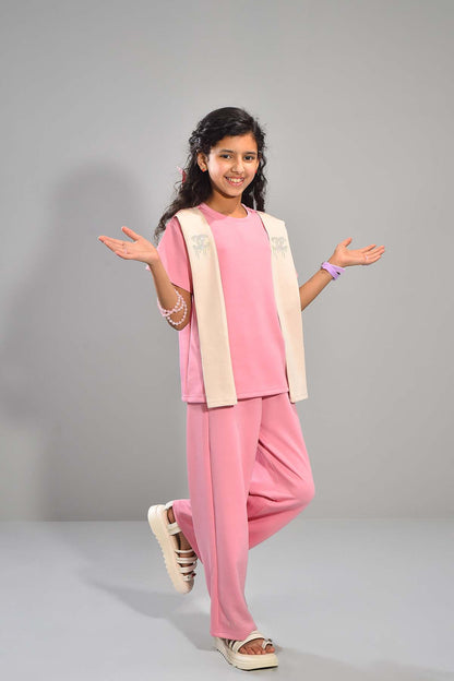 Girls Pink Co-ord Set with Beige Scarf