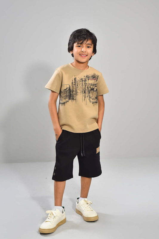 Boys Beige Tee & Black Shorts