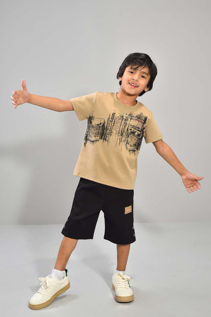 Boys Beige Tee & Black Shorts