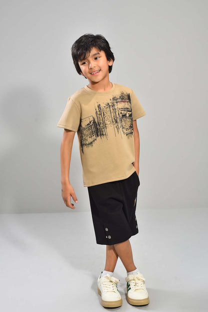 Boys Beige Tee & Black Shorts