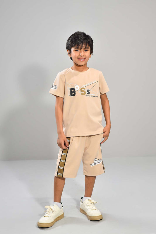 Beige Boss Graphic Shirt and Shorts