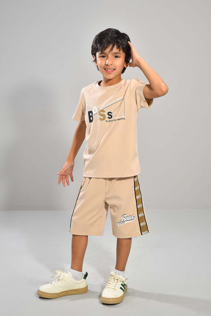 Beige Boss Graphic Shirt and Shorts