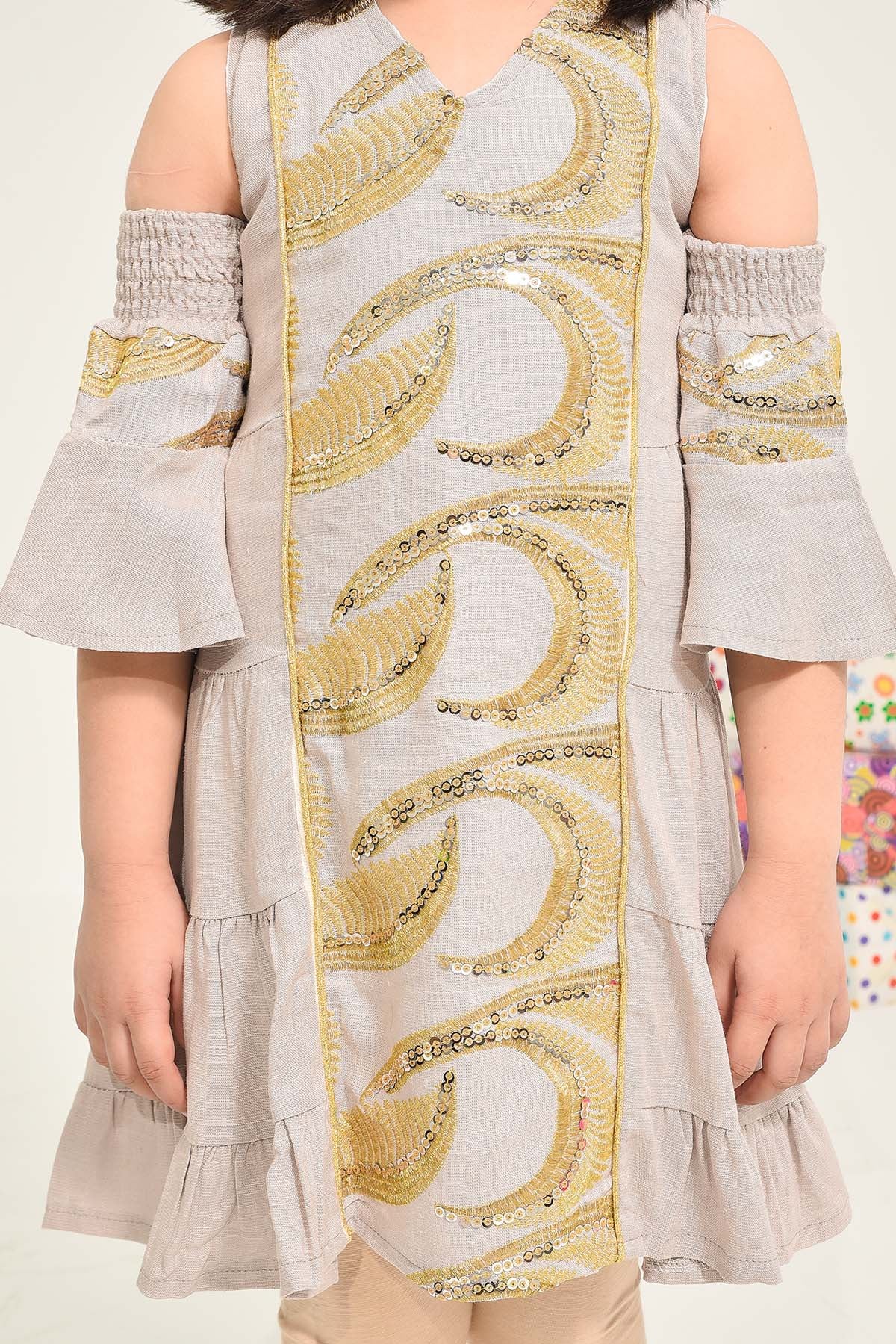 Cold-Shoulder Frock with Golden Embroidery