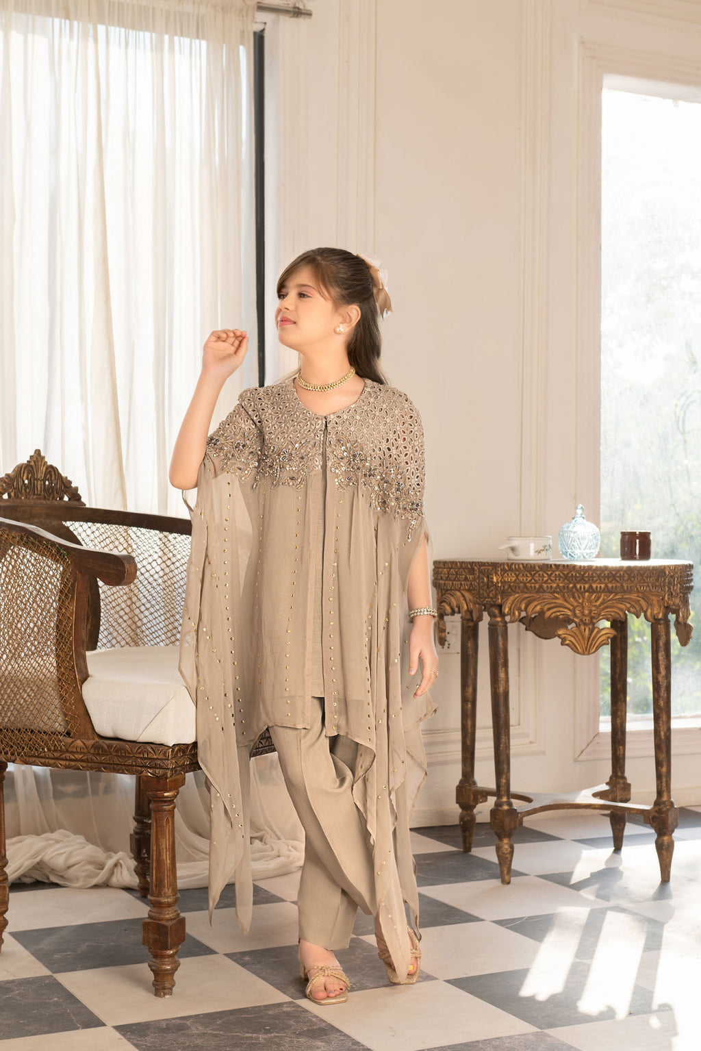 Kids' Embellished Taupe Cape Top & Trousers