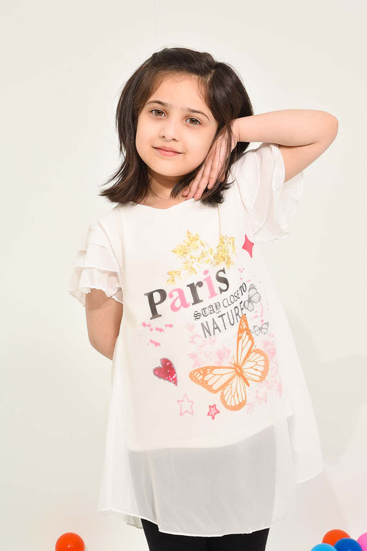 Girls' Paris-Inspired Butterfly White Top