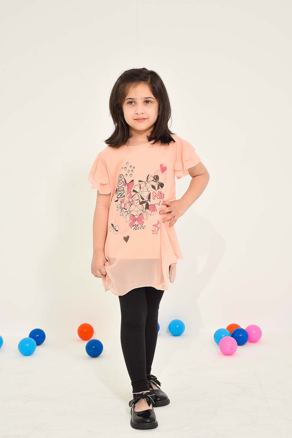 Girls' Peach Graphic Ruffle Sleeve Top