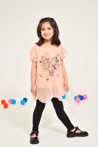 Girls' Peach Graphic Ruffle Sleeve Top