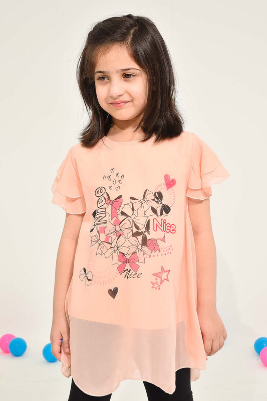 Girls' Peach Graphic Ruffle Sleeve Top