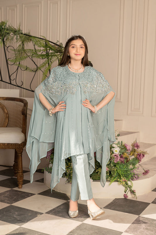 Kids' Embellished Mint Green Cape & Trousers