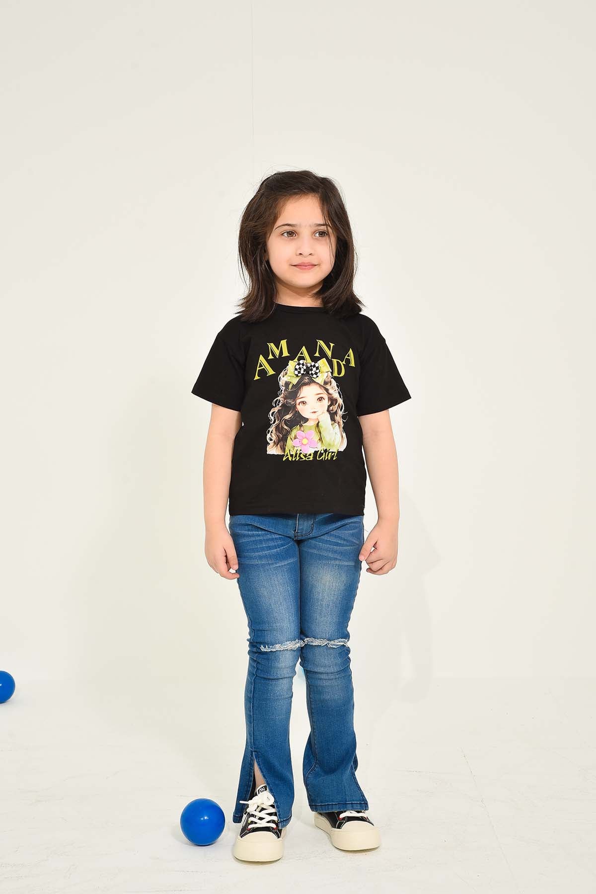 Graphic Print Blcak T-Shirt for Girls