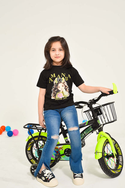 Graphic Print Blcak T-Shirt for Girls