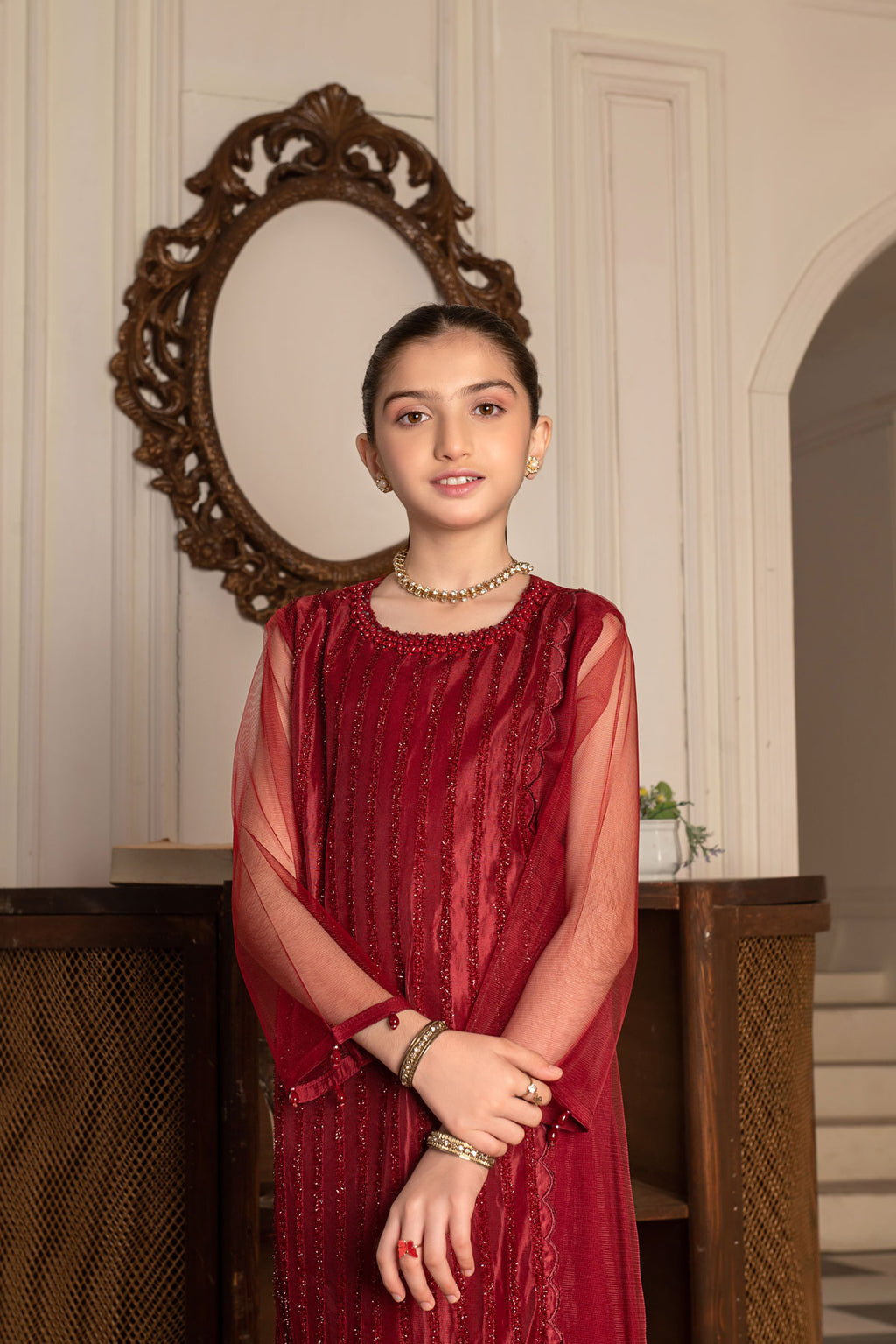 Kids' Elegant Maroon Embroidered Formal Suit