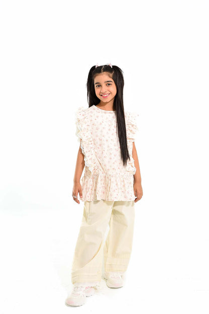 Girls' Floral Ruffle Top with Wide-Leg Trousers