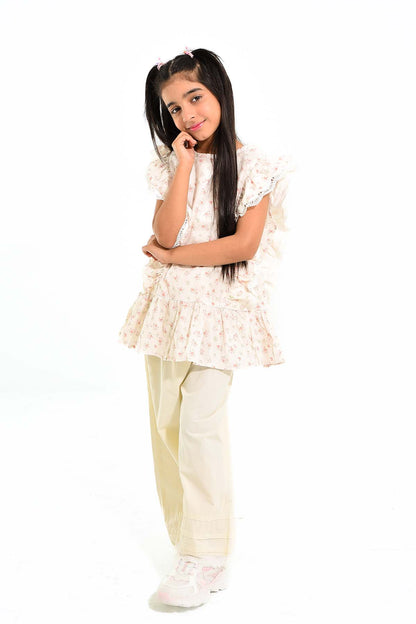 Girls' Floral Ruffle Top with Wide-Leg Trousers