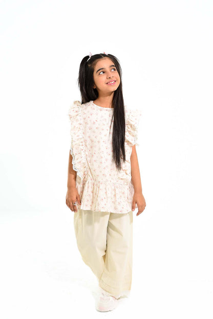 Girls' Floral Ruffle Top with Wide-Leg Trousers