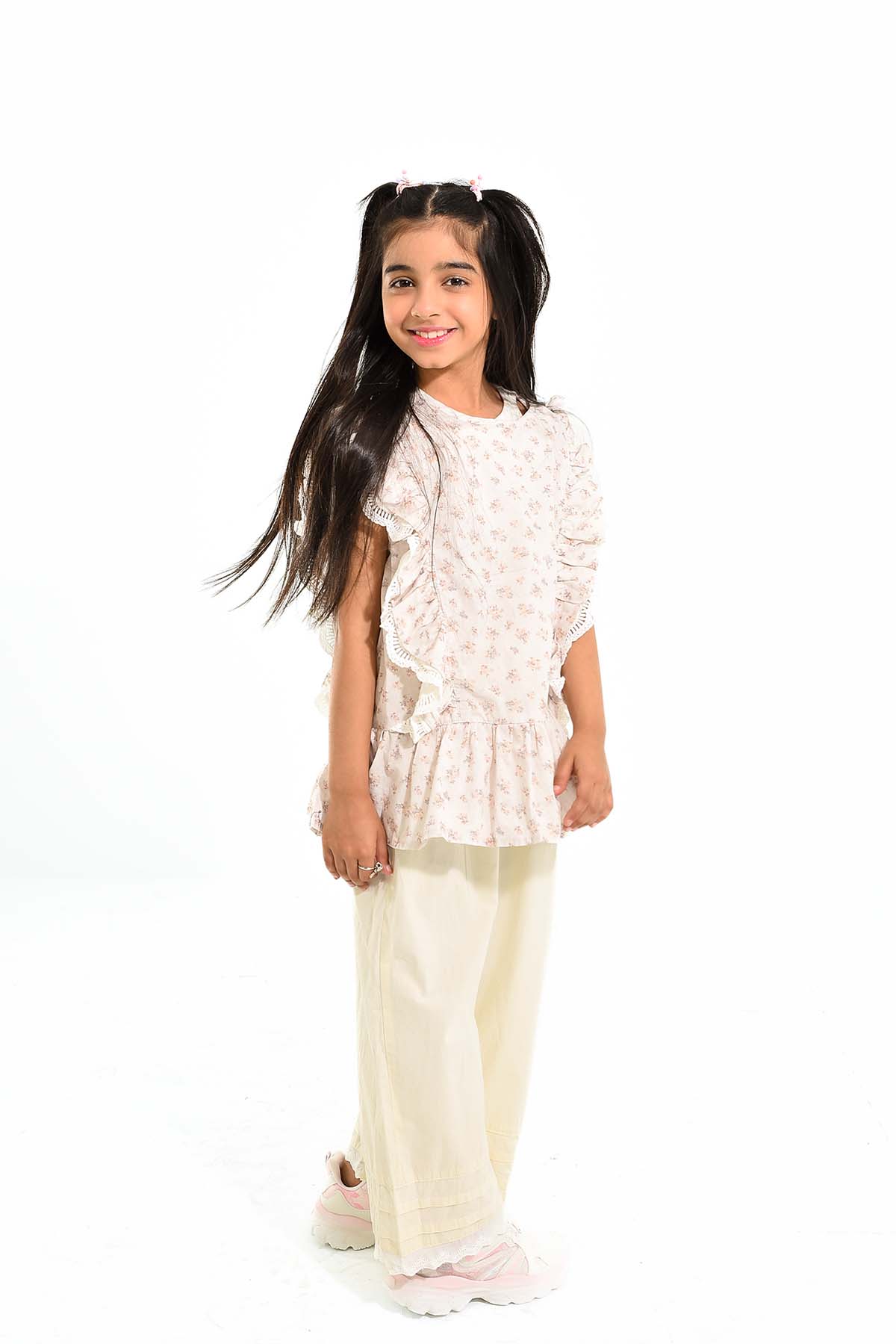 Girls' Floral Ruffle Top with Wide-Leg Trousers