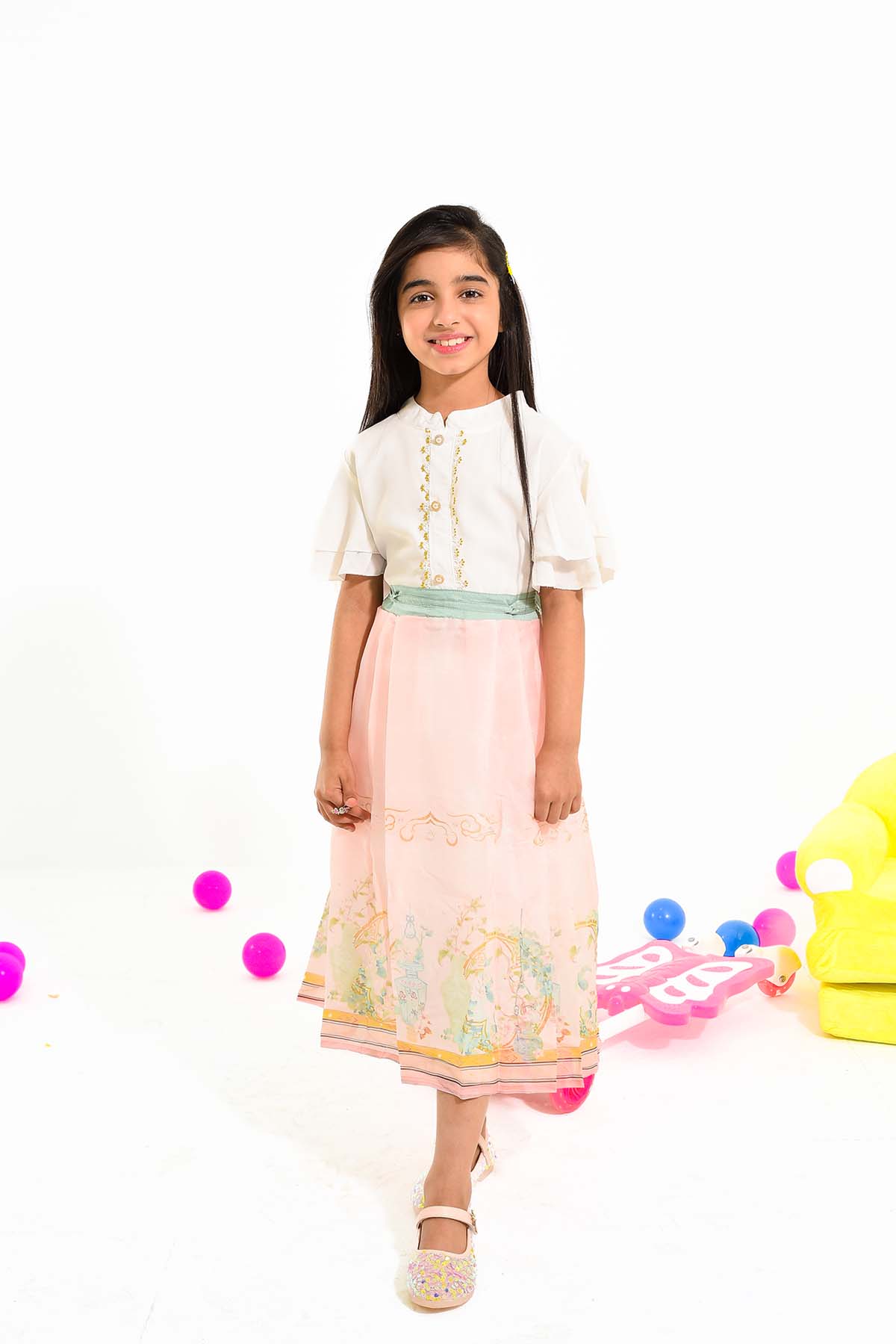 Elegant Girls' White and Pastel Pink Frock