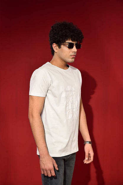 White Round Neck T Shirt with Design