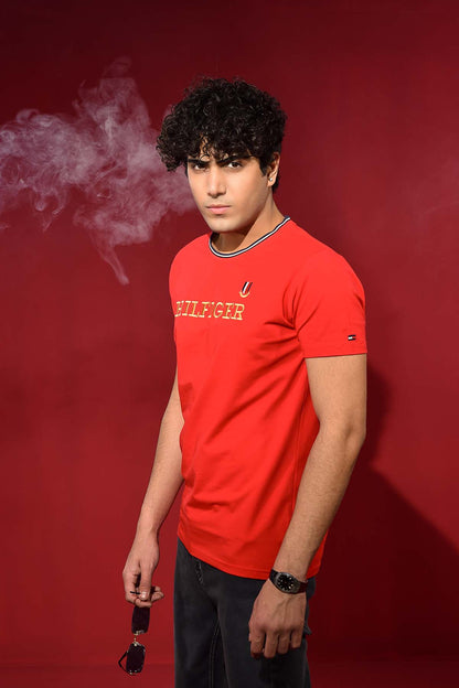 Red Round Neck T Shirt with Design