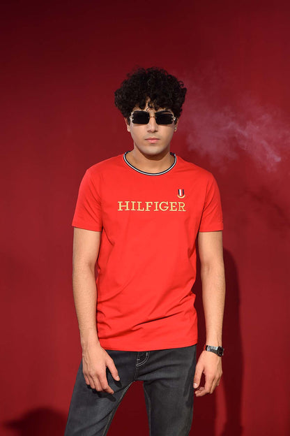 Red Round Neck T Shirt with Design