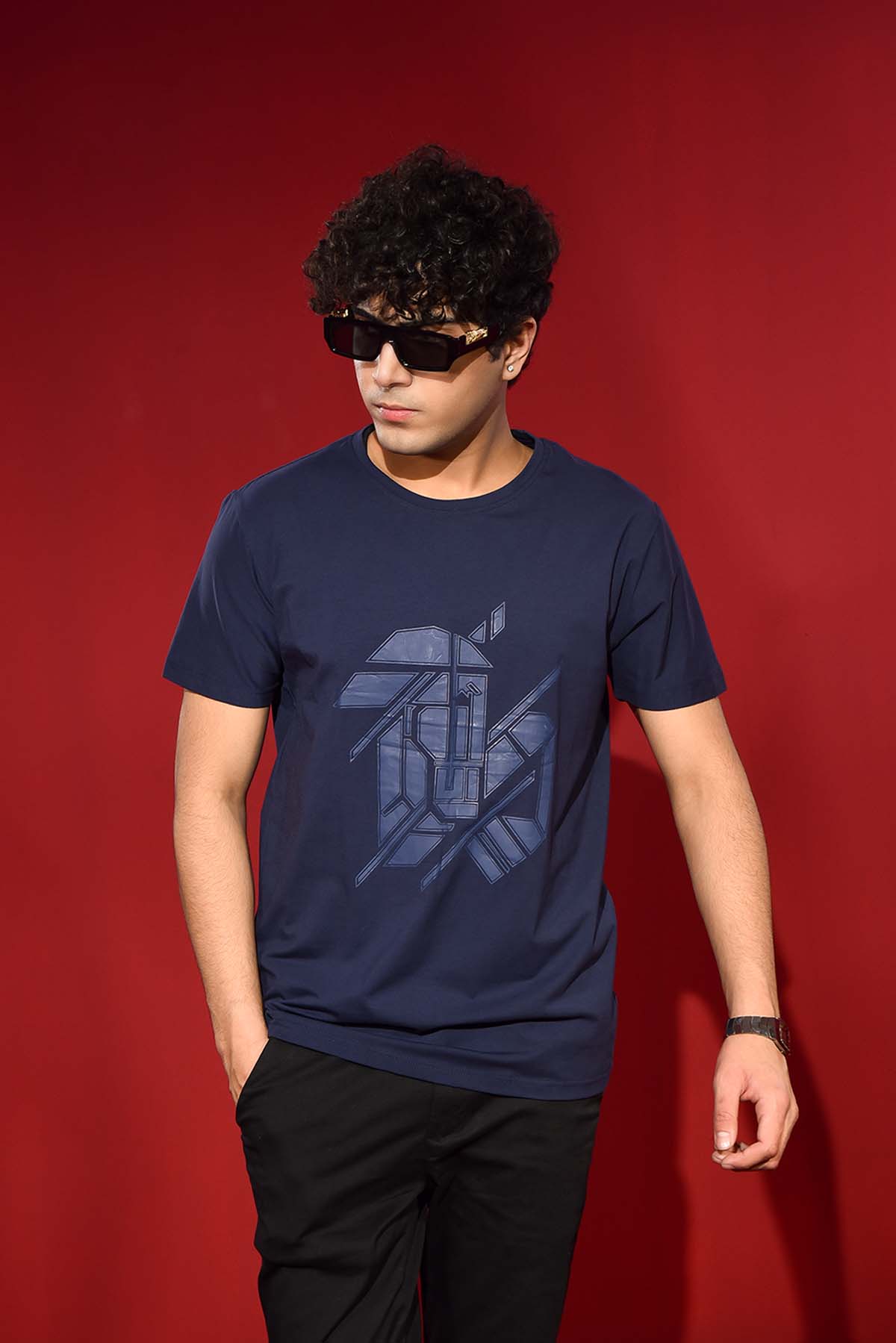 Blue Round Neck T Shirt With Design