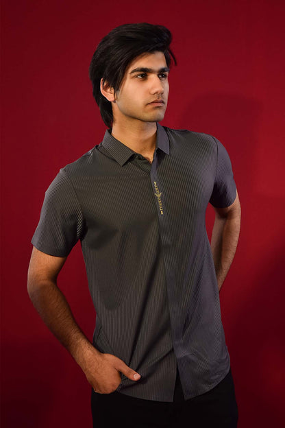 Men's Grey Ribbed Short-Sleeve Shirt