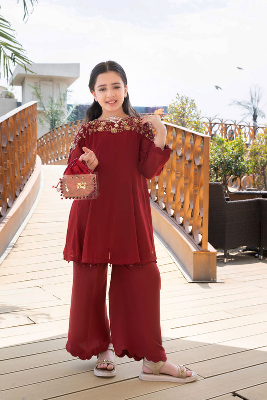 Kids' Festive Maroon Embroidered Kurta Set