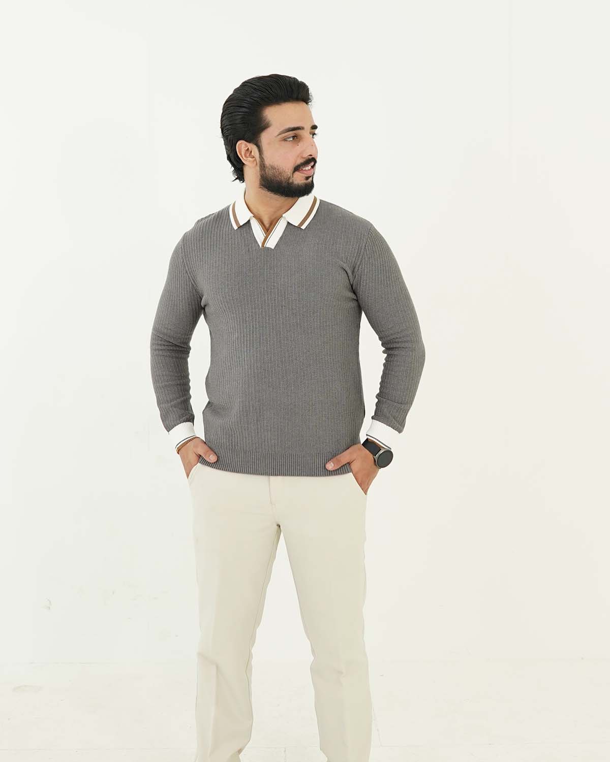 Gray Johnny Collar Sweater
