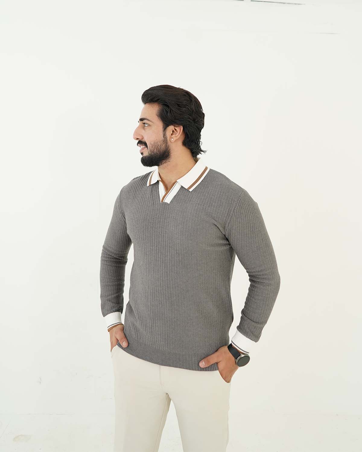 Gray Johnny Collar Sweater
