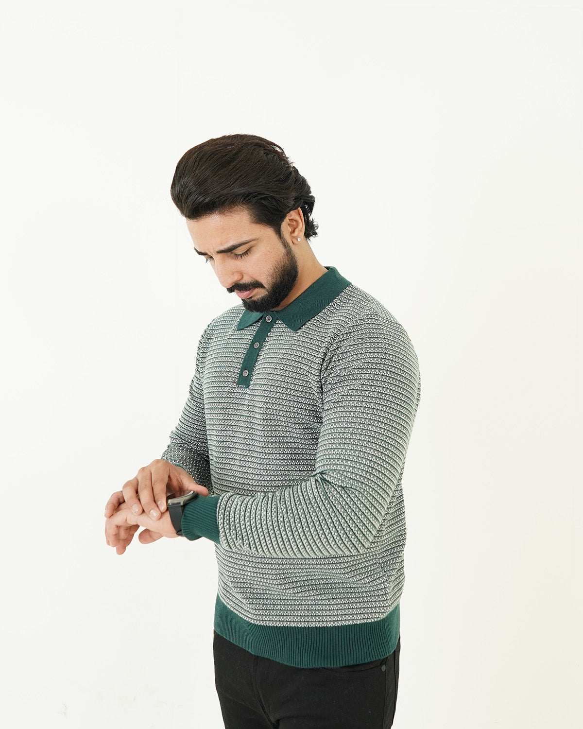 Textured Green Polo Sweater