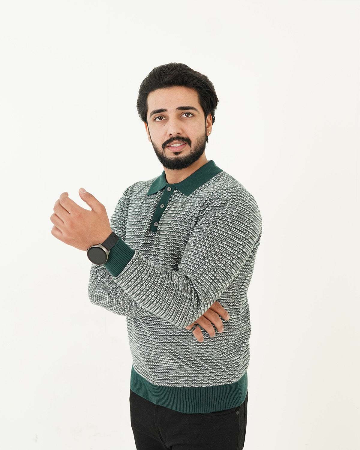 Textured Green Polo Sweater